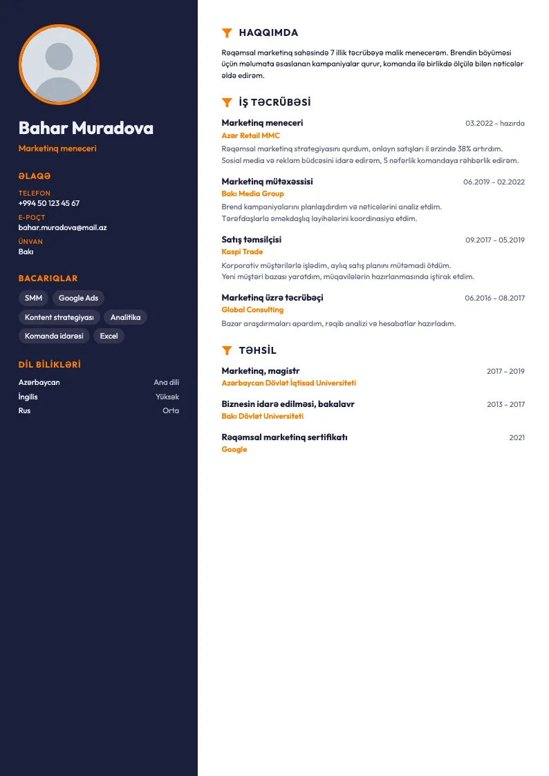 Huni CV şablonu — nümunə CV