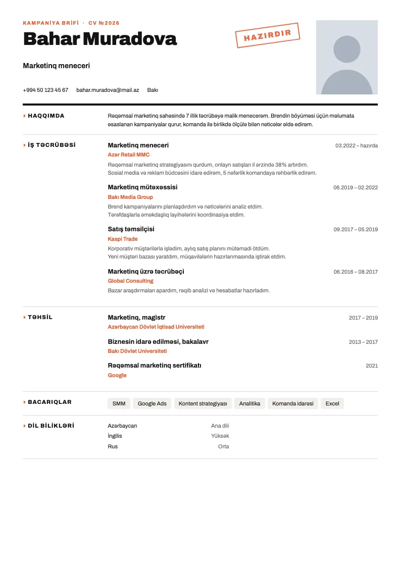 Kampaniya brifi CV şablonu — nümunə CV