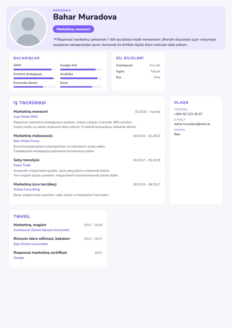Persona CV şablonu — nümunə CV