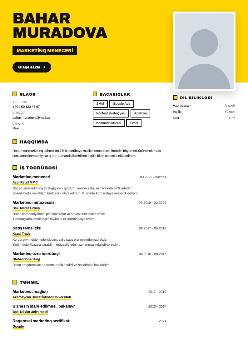 Reklam lövhəsi CV şablonu — nümunə CV