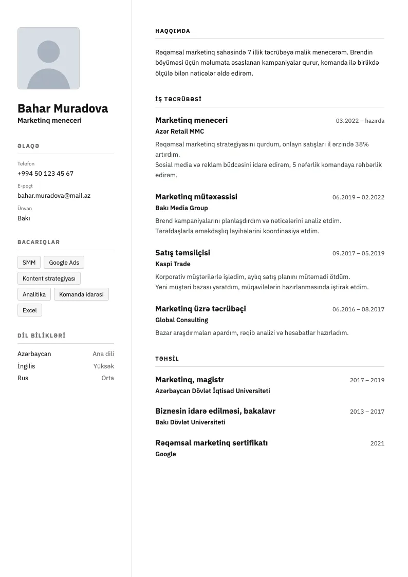 Minimalist CV şablonu — nümunə CV
