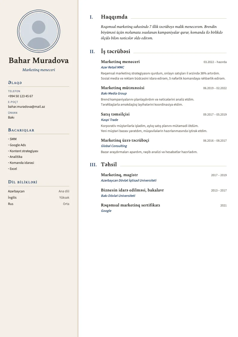 Akademik (müəllim) CV şablonu — nümunə CV