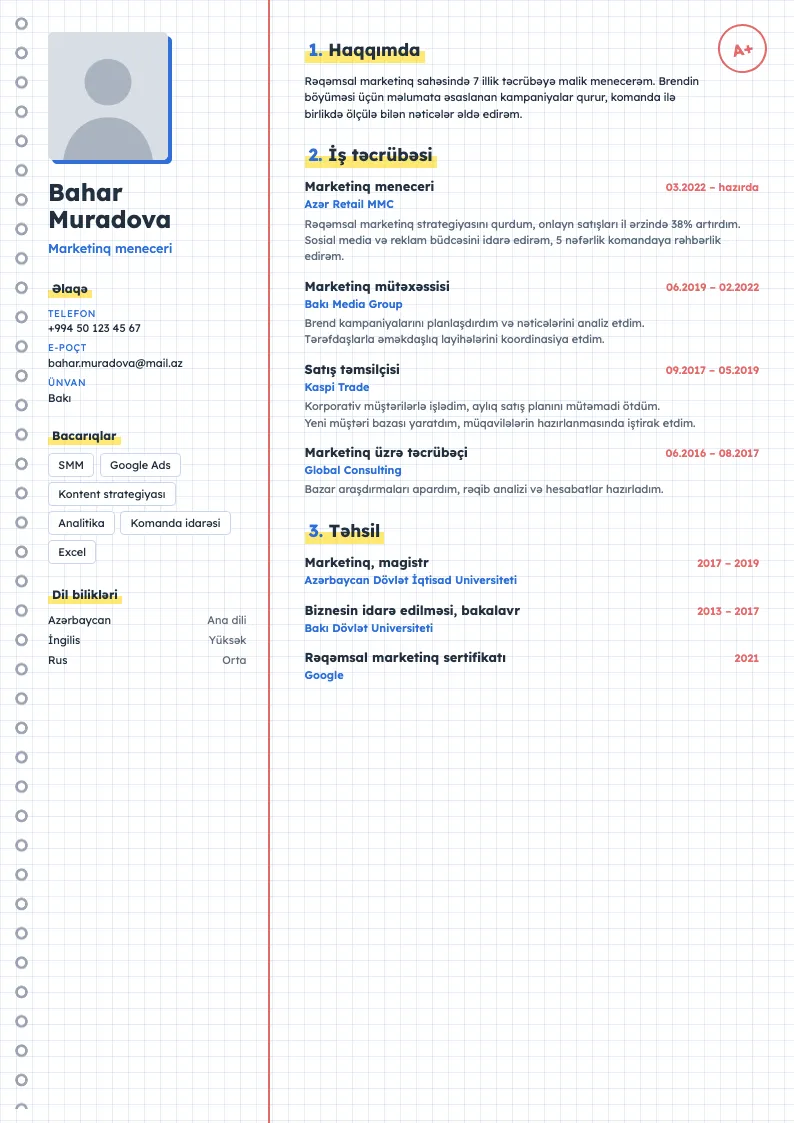 Damalı dəftər CV şablonu — nümunə CV