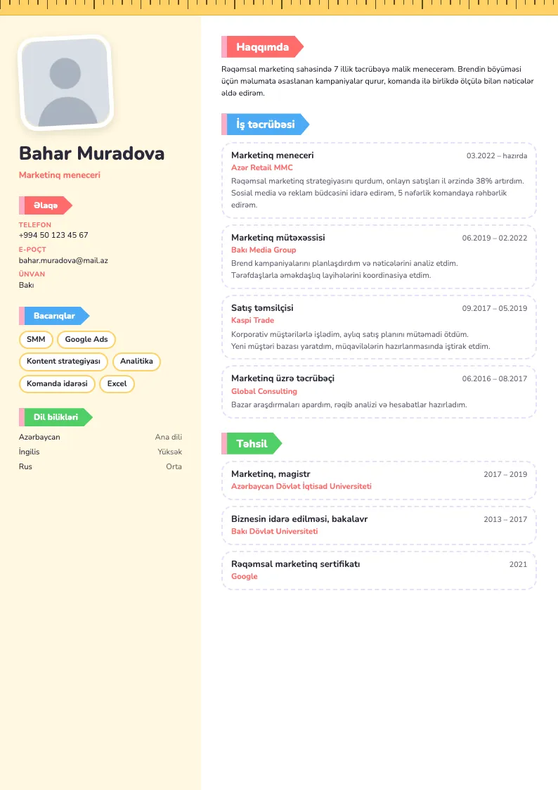 Rəngli sinif CV şablonu — nümunə CV