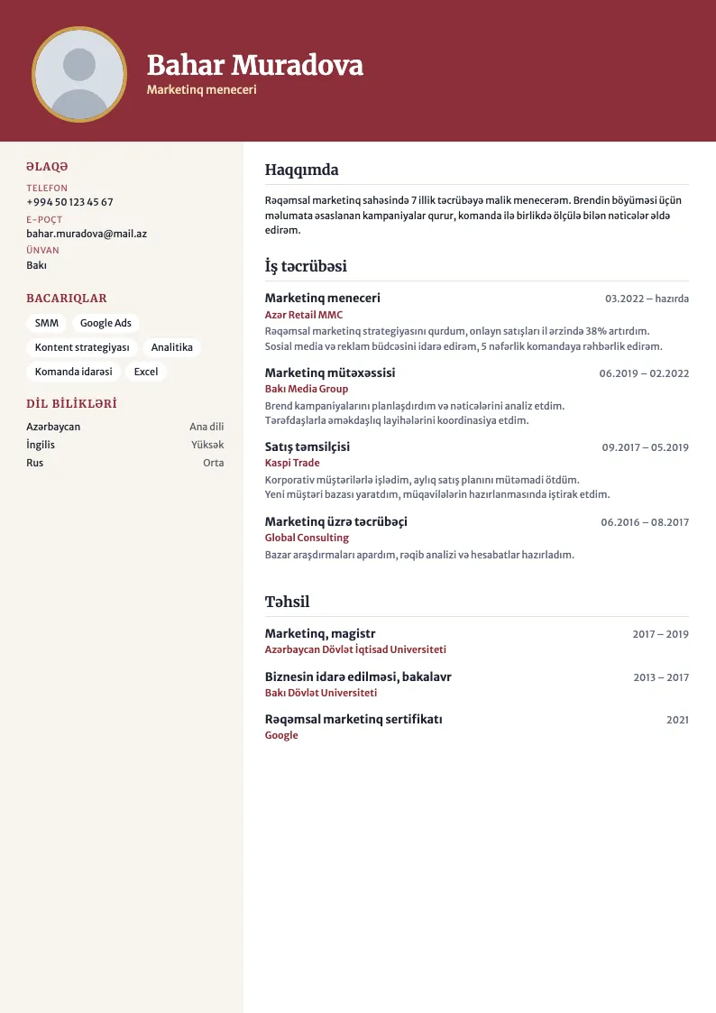 Diplom zolağı CV şablonu — nümunə CV