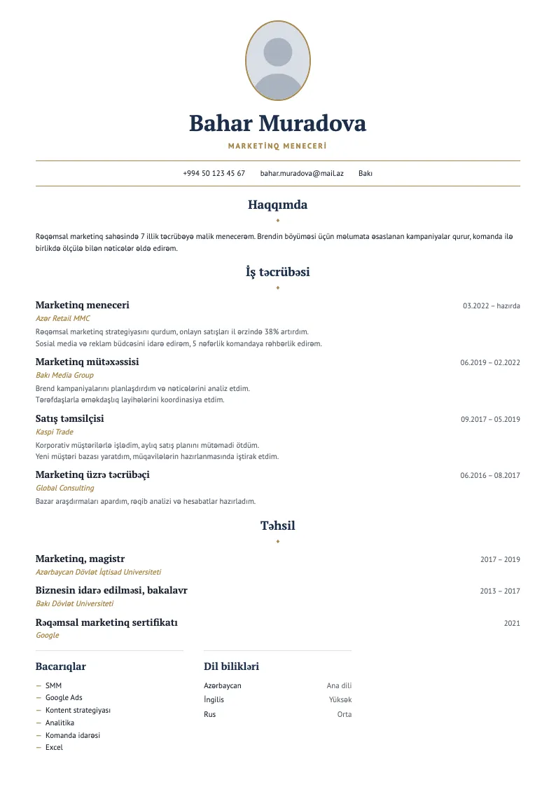 Bank CV şablonu — nümunə CV