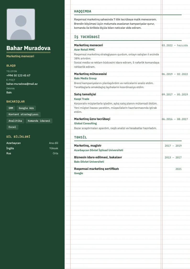 Baş kitab CV şablonu — nümunə CV