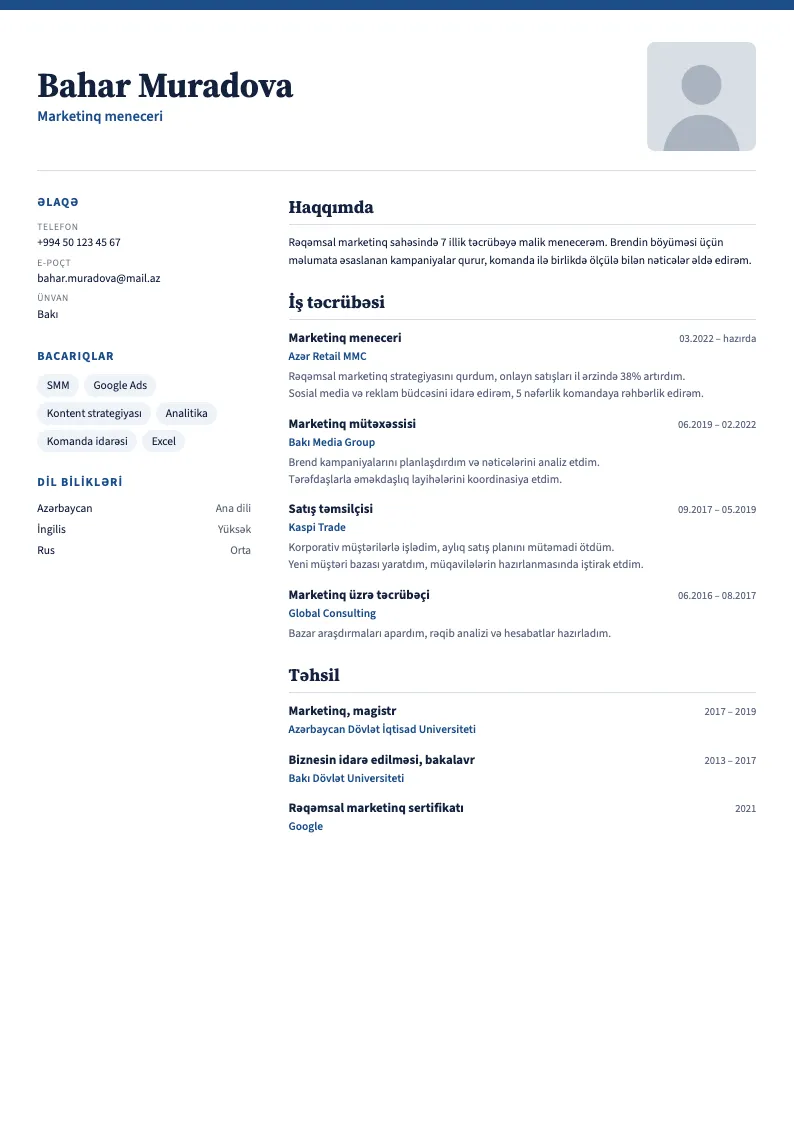 İllik hesabat CV şablonu — nümunə CV