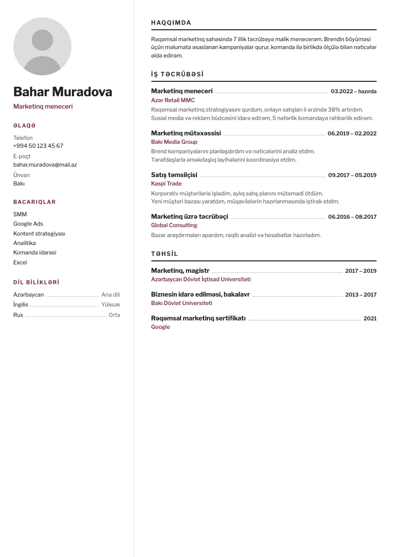 Nöqtəli sətir CV şablonu — nümunə CV