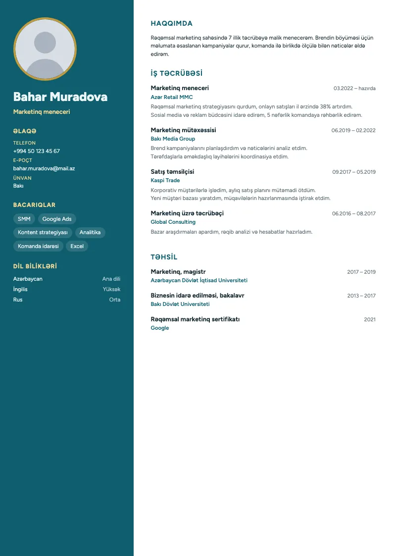Qızılı nişan CV şablonu — nümunə CV