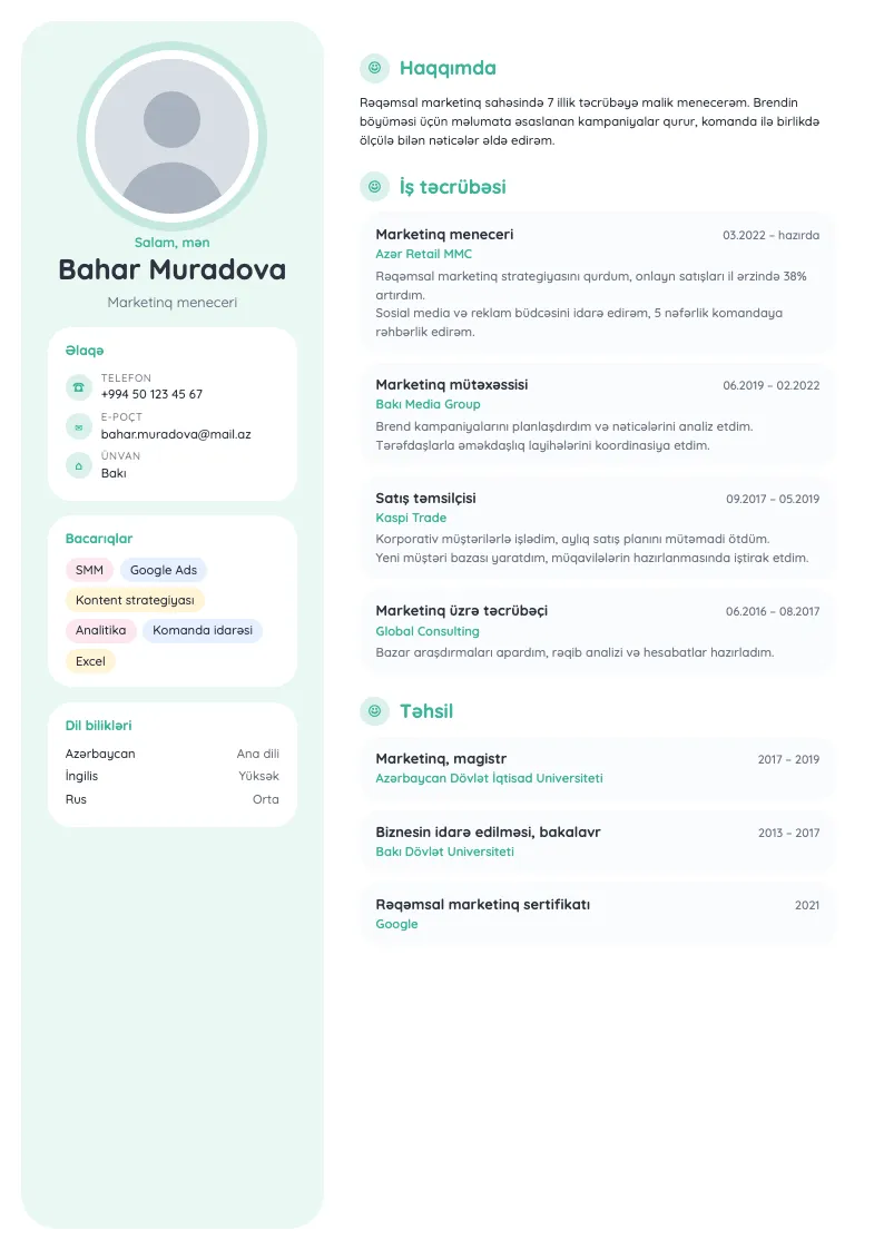 Mehriban CV şablonu — nümunə CV
