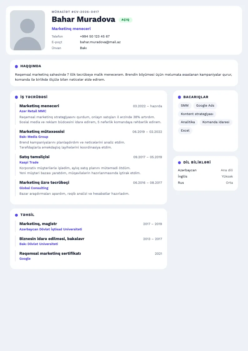 Müraciət bileti CV şablonu — nümunə CV