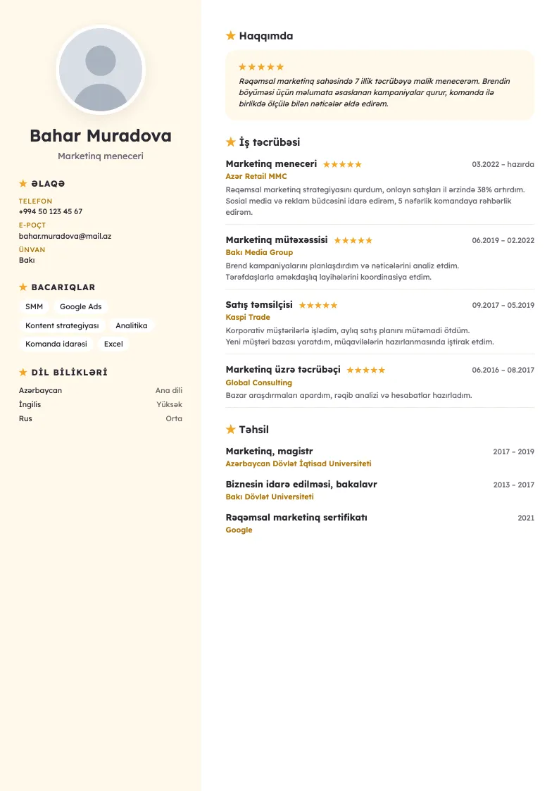 Reytinq CV şablonu — nümunə CV