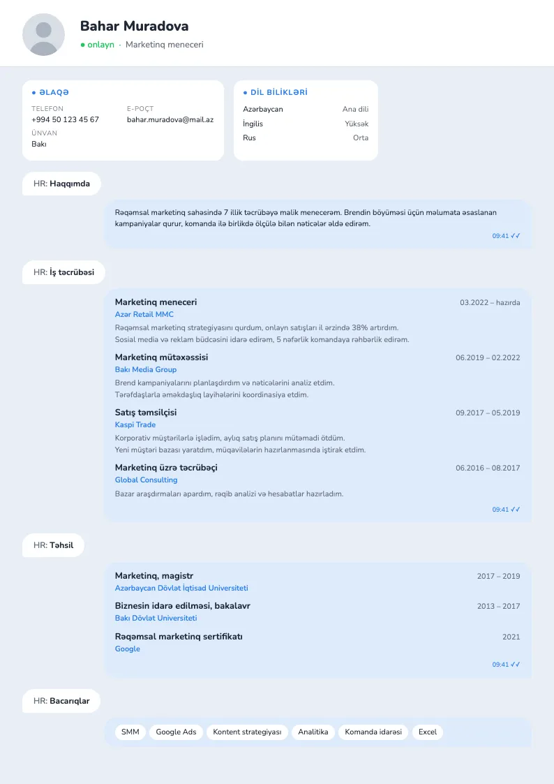 Söhbət CV şablonu — nümunə CV