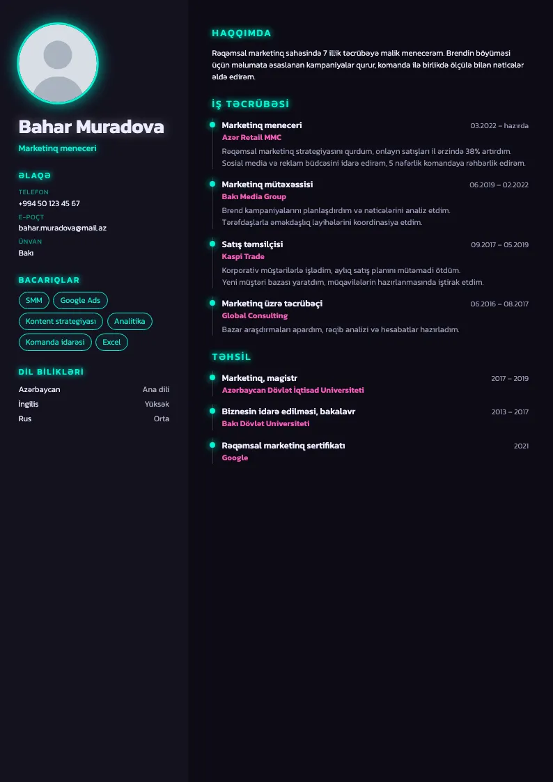 Neon CV şablonu — nümunə CV