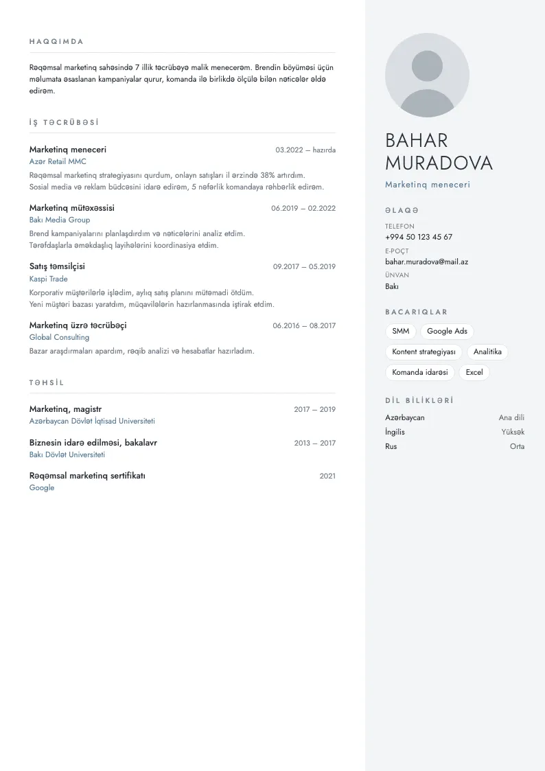 Nordik CV şablonu — nümunə CV