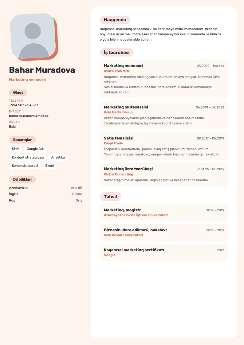 Pastel CV şablonu — nümunə CV