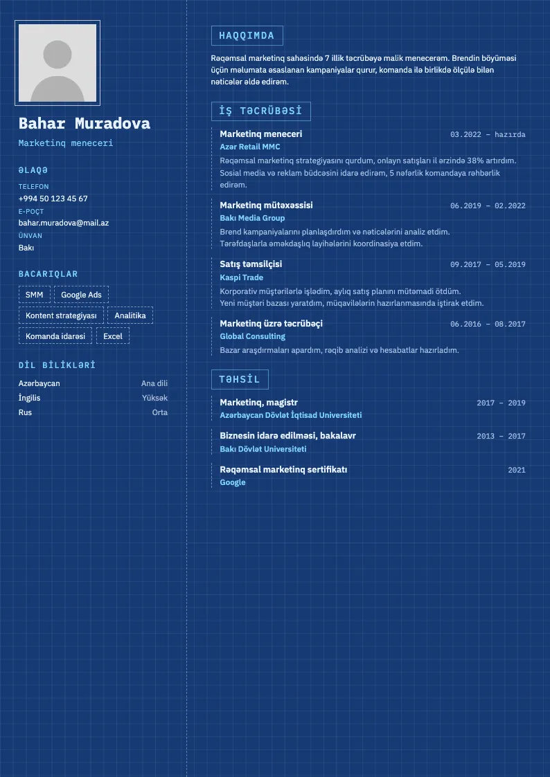 Plan CV şablonu — nümunə CV