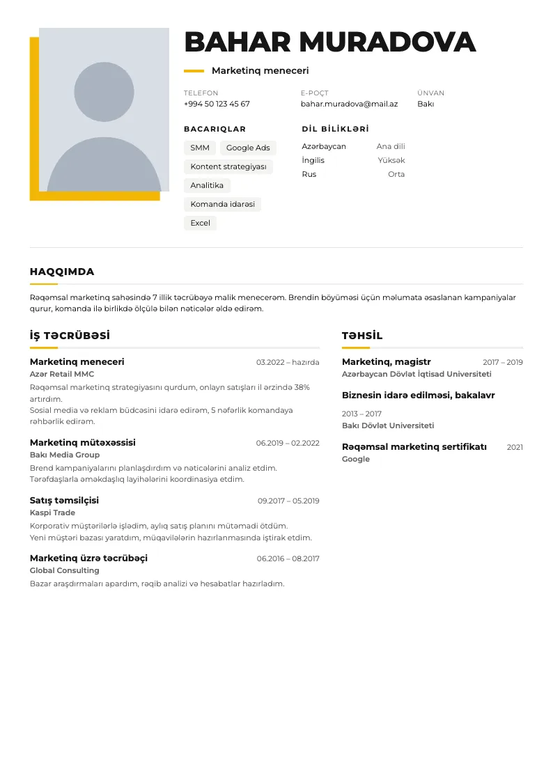 Portret CV şablonu — nümunə CV