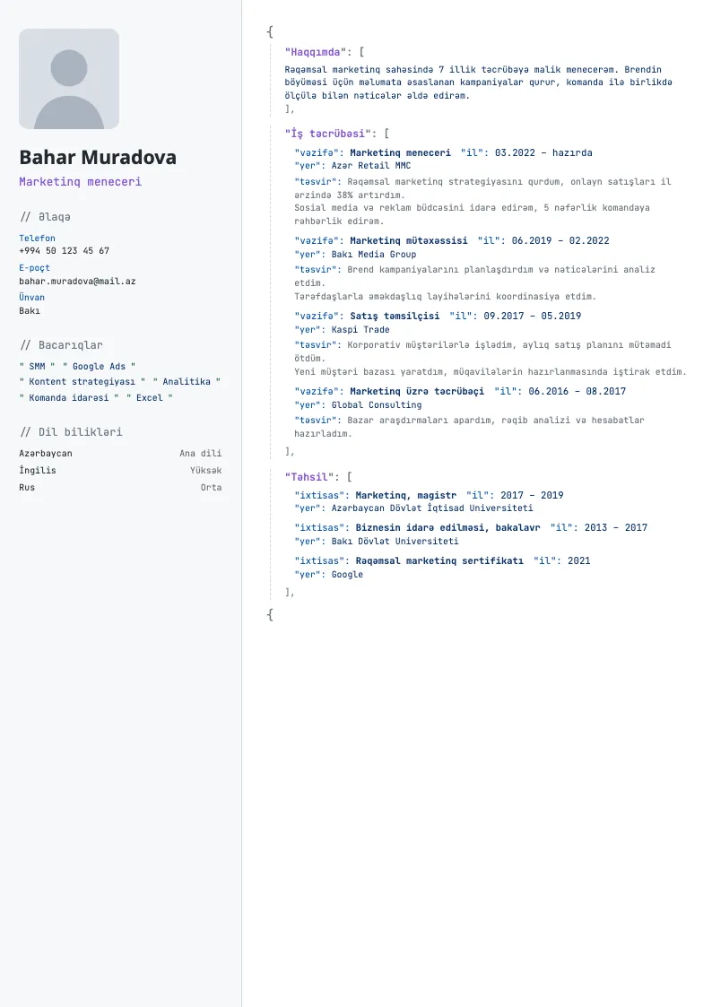 JSON CV şablonu — nümunə CV