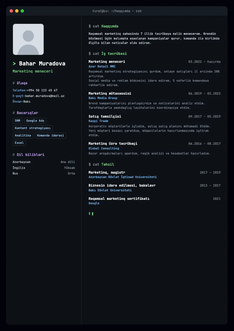 Terminal CV şablonu — nümunə CV
