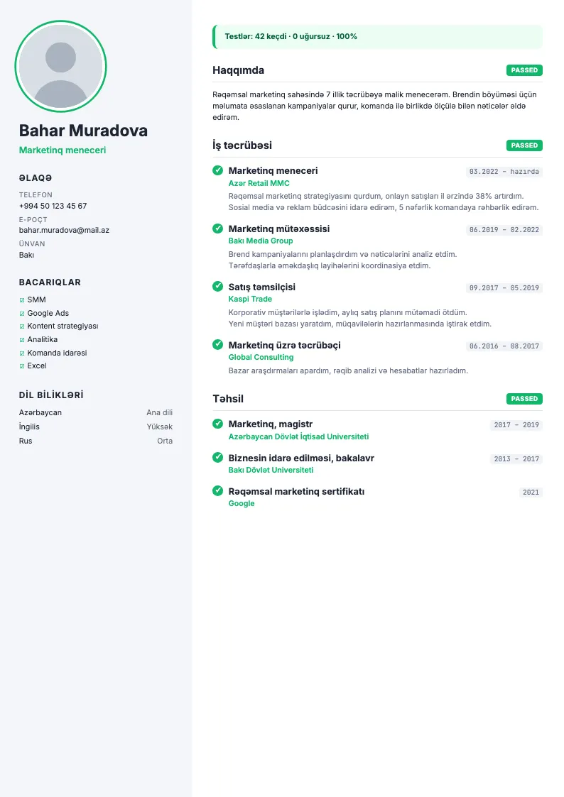 Test hesabatı CV şablonu — nümunə CV