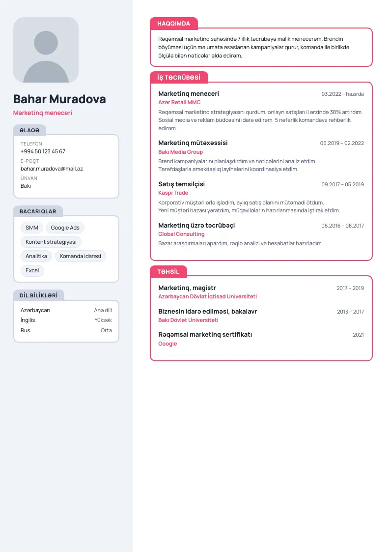 Qovluq CV şablonu — nümunə CV
