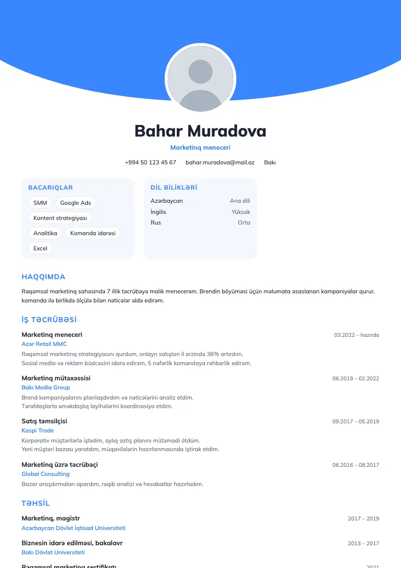 Qövs CV şablonu — nümunə CV