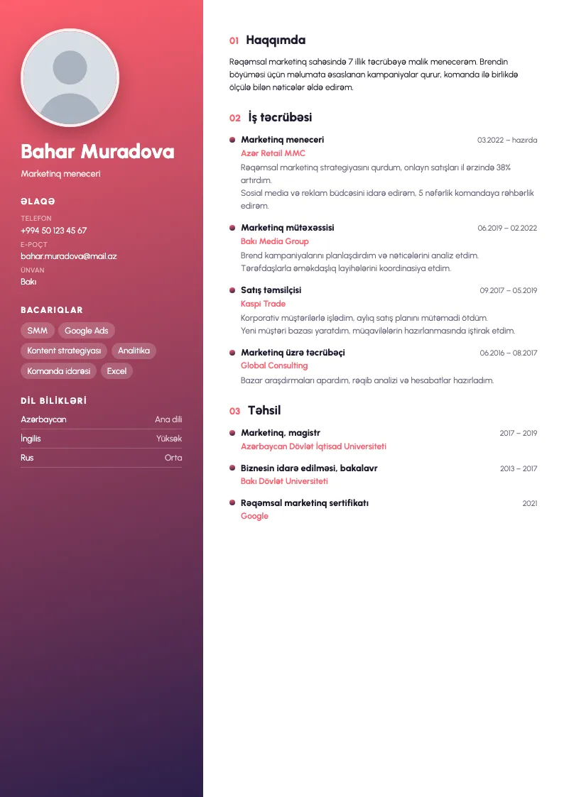 Qradiyent CV şablonu — nümunə CV