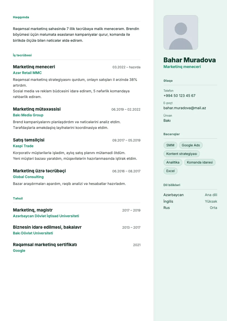Taraz CV şablonu — nümunə CV