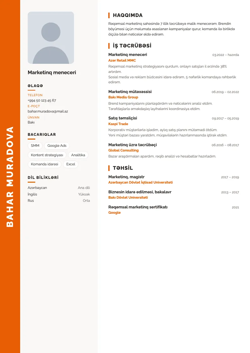 Şaquli ad CV şablonu — nümunə CV