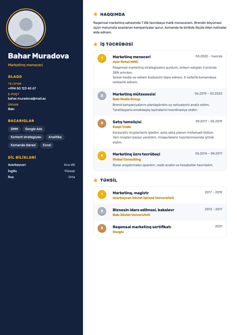 Liderlər cədvəli CV şablonu — nümunə CV