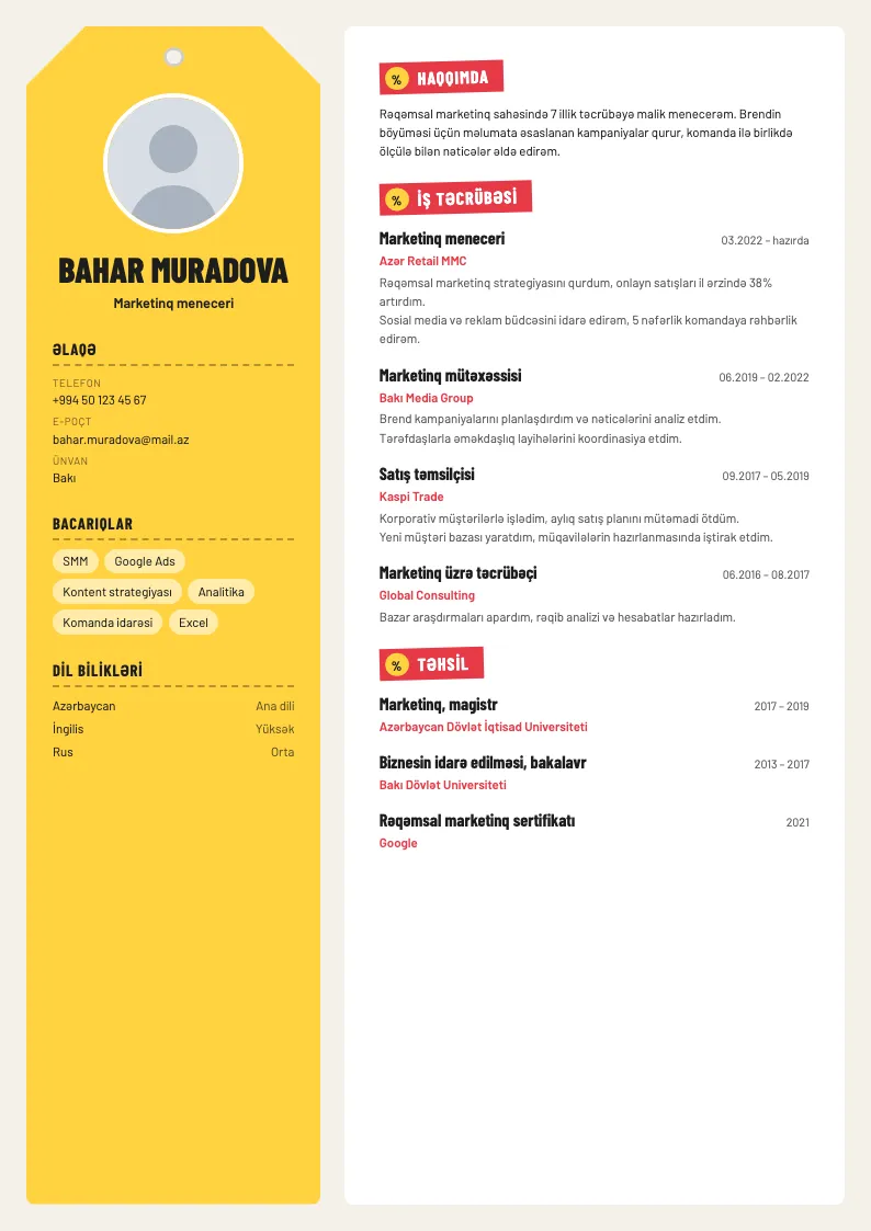 Qiymət etiketi CV şablonu — nümunə CV