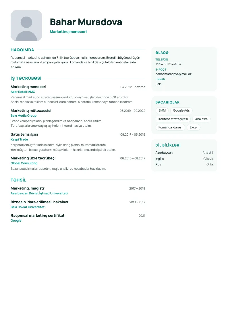 Satış xətti CV şablonu — nümunə CV