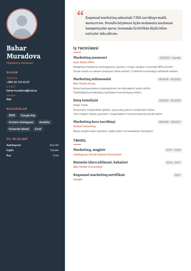 Sitat CV şablonu — nümunə CV