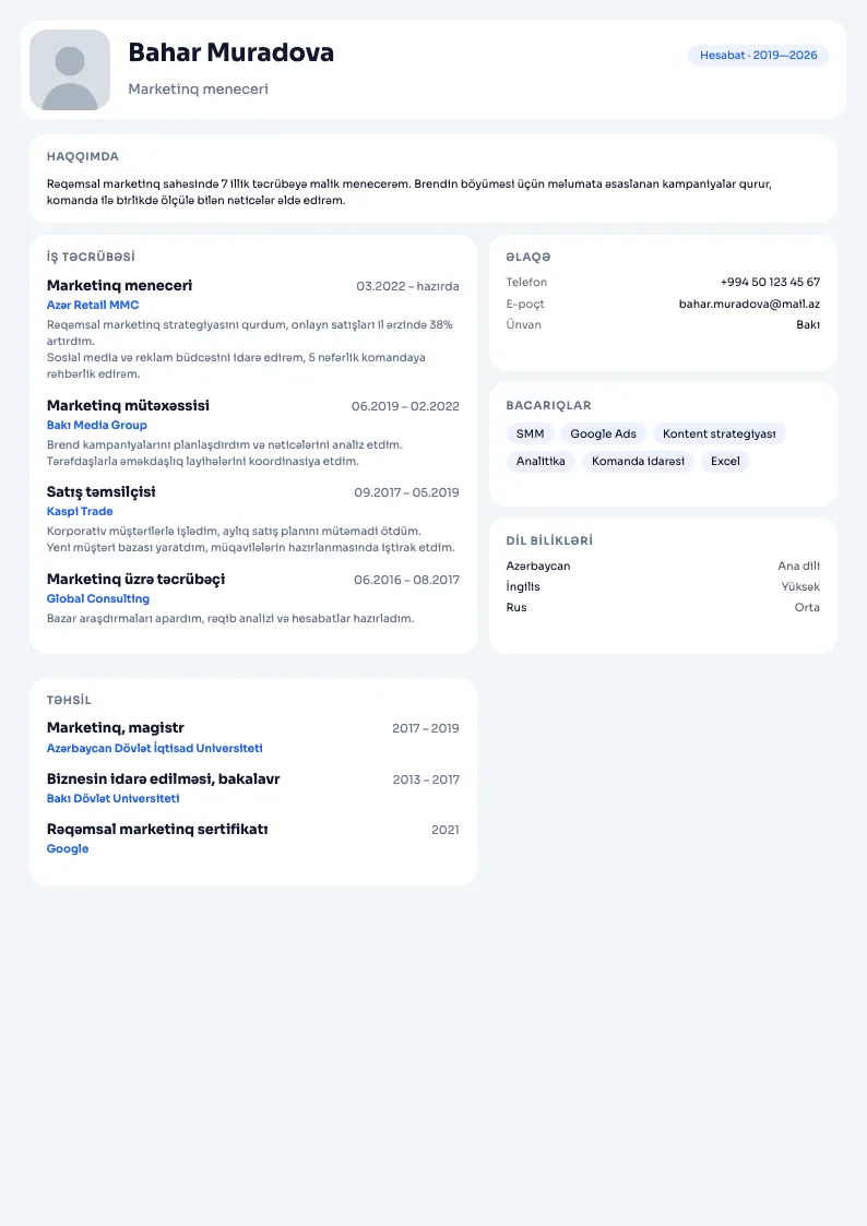 Analitika CV şablonu — nümunə CV