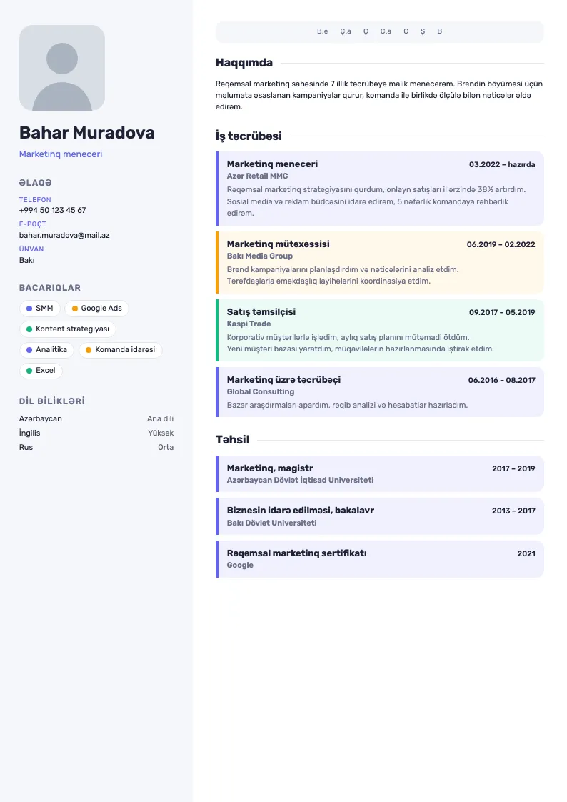 Kontent təqvimi CV şablonu — nümunə CV