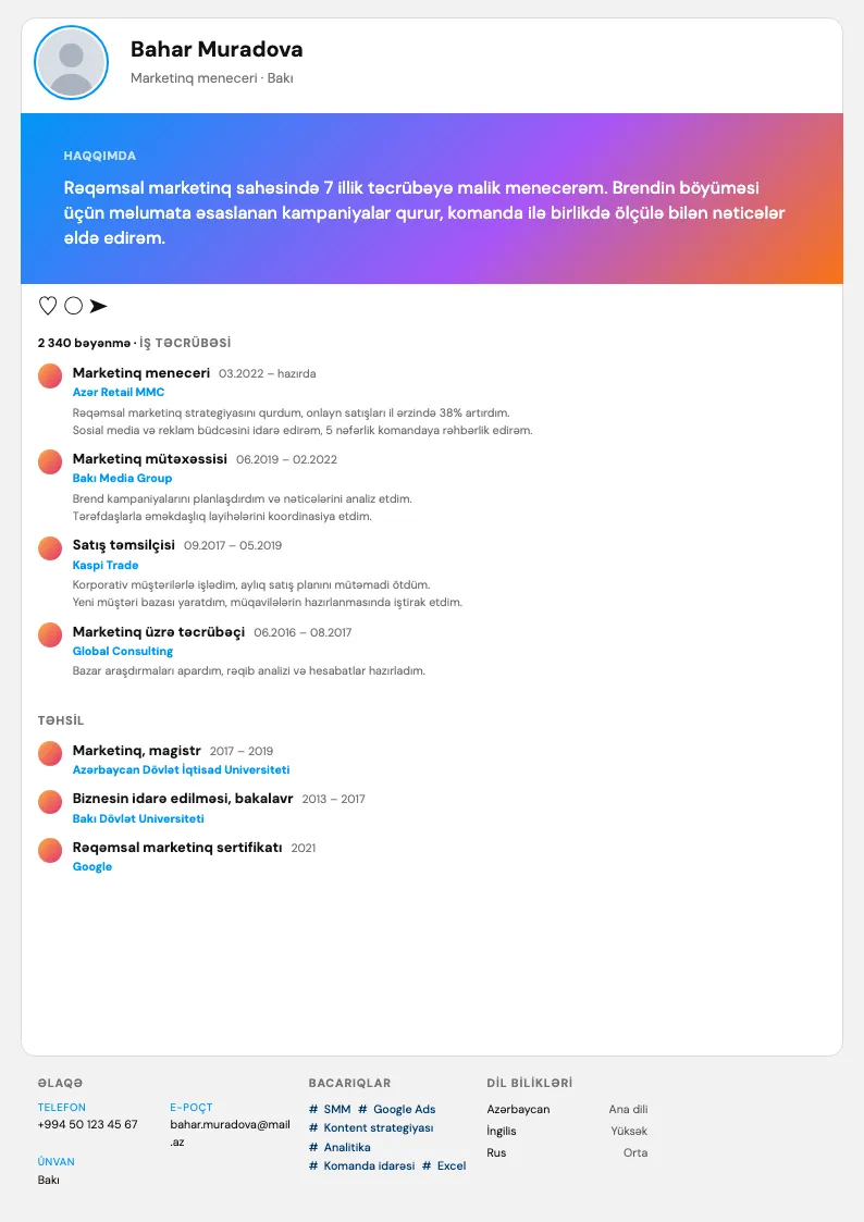 Post CV şablonu — nümunə CV