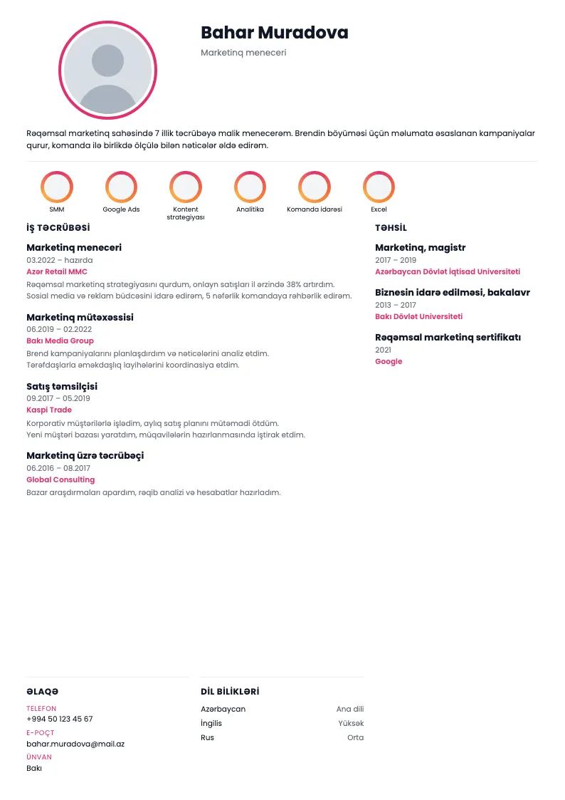 Profil CV şablonu — nümunə CV