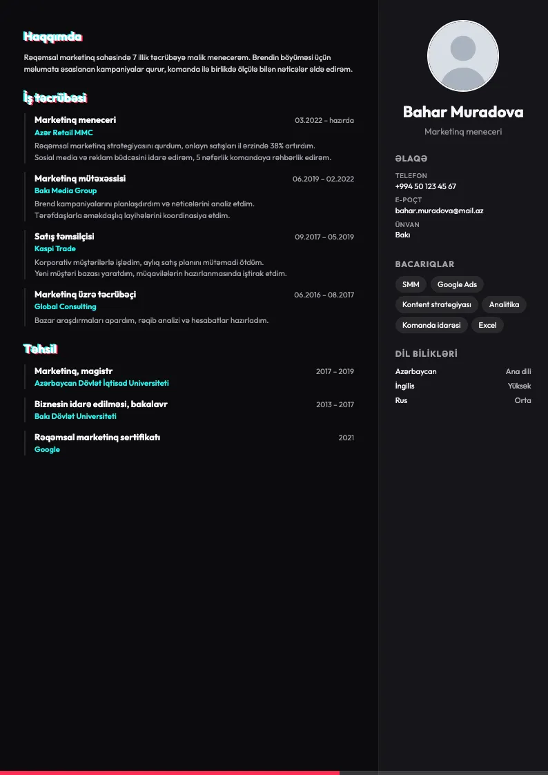 Qısa video CV şablonu — nümunə CV