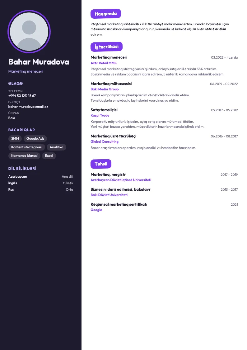 Story CV şablonu — nümunə CV