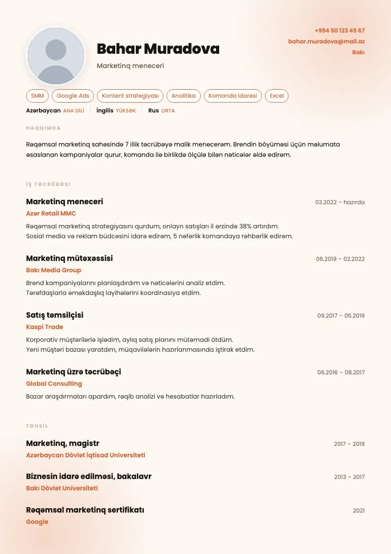 İmpuls CV şablonu — nümunə CV