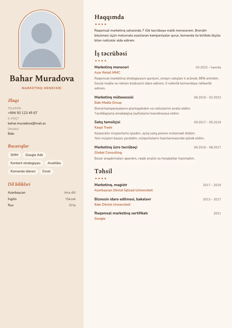 Terrakota CV şablonu — nümunə CV