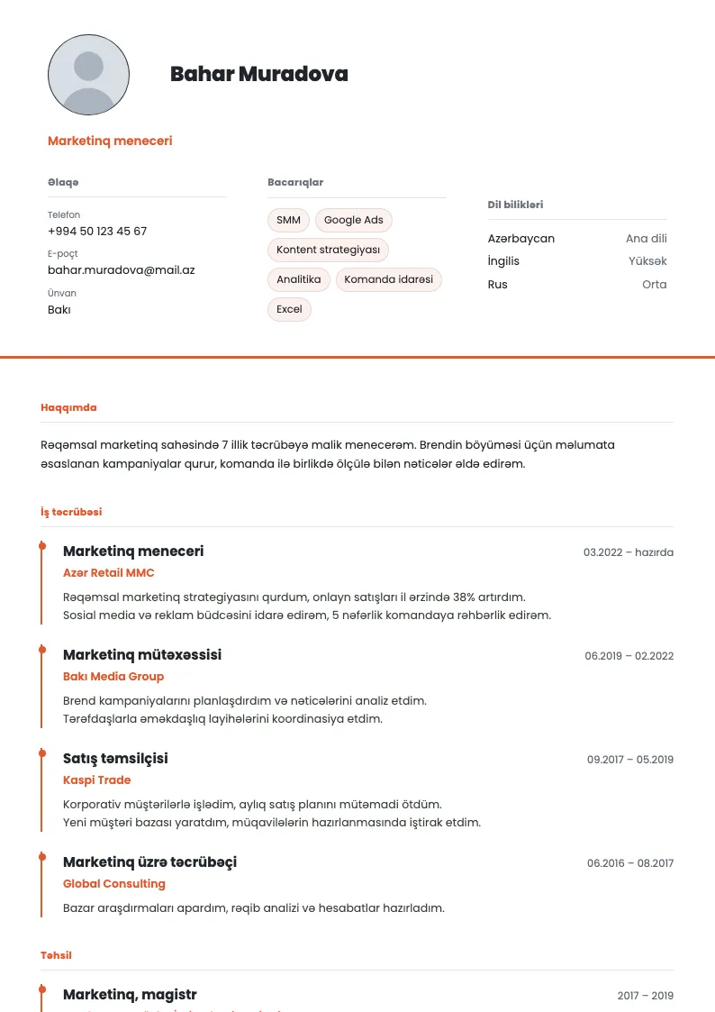 Mərhələ CV şablonu — nümunə CV