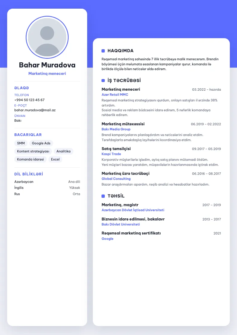 Üzən kartlar CV şablonu — nümunə CV