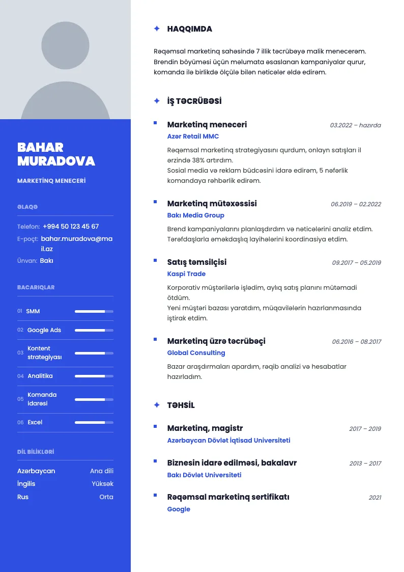 Canlı CV şablonu — nümunə CV