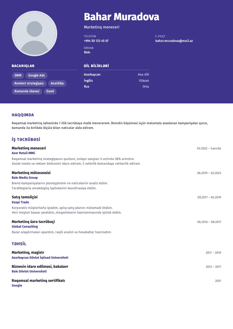 Yarım səhifə CV şablonu — nümunə CV