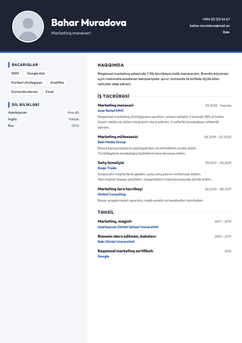 Zolaq CV şablonu — nümunə CV