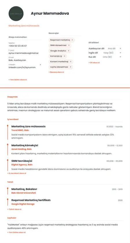 Timeline CV şablonu önizləməsi
