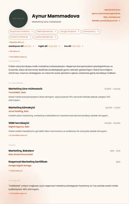 Splash CV şablonu önizləməsi
